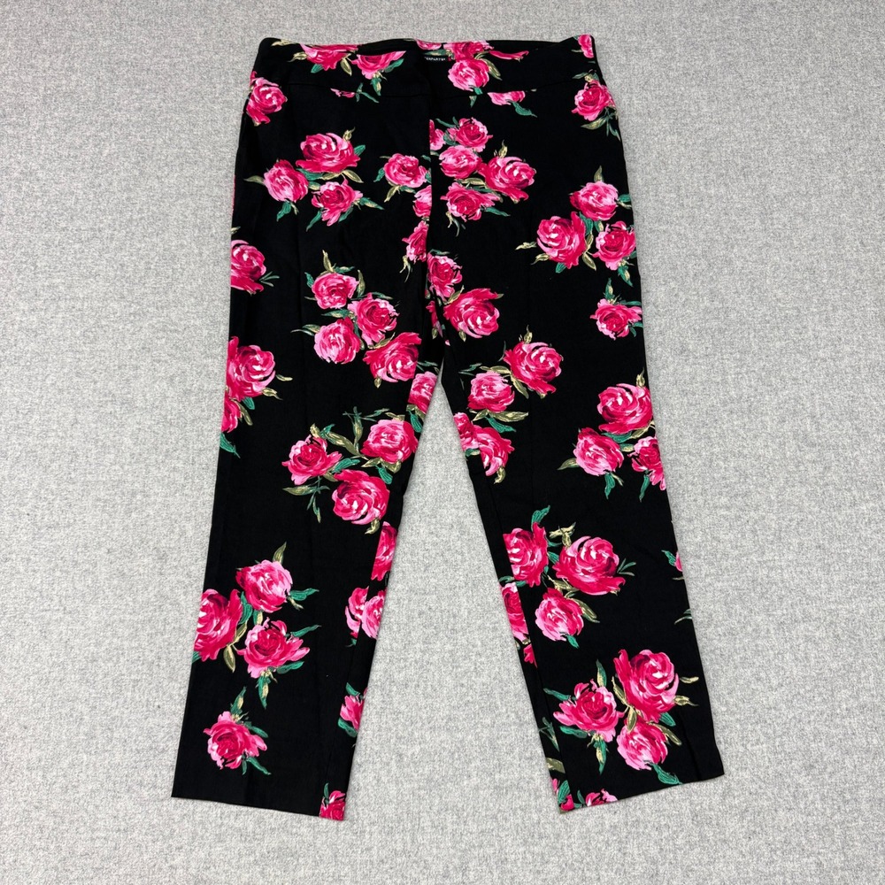 Counterparts Floral Ankle Pants Size 18 Black Pink Rose Print Pull On Tapered
